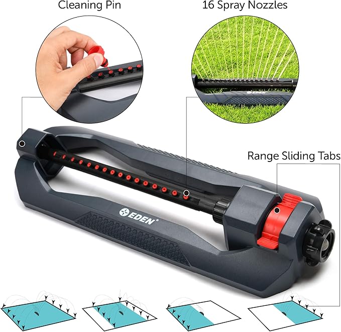 Eden Metal Adjustable 6-Pattern Rotary Gear Drive Garden Sprinkler Bundle with Oscillating Sprinkler for Yard
