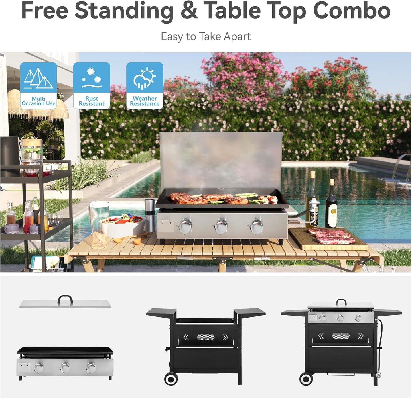 GREEN PARTY 3 Burner Propane Gas Griddle with Removable Standing Cart, Convertible to Tabletop Design, 27 inch Flat Top Grill for Outdoor Cooking Camping Tailgating Barbecue