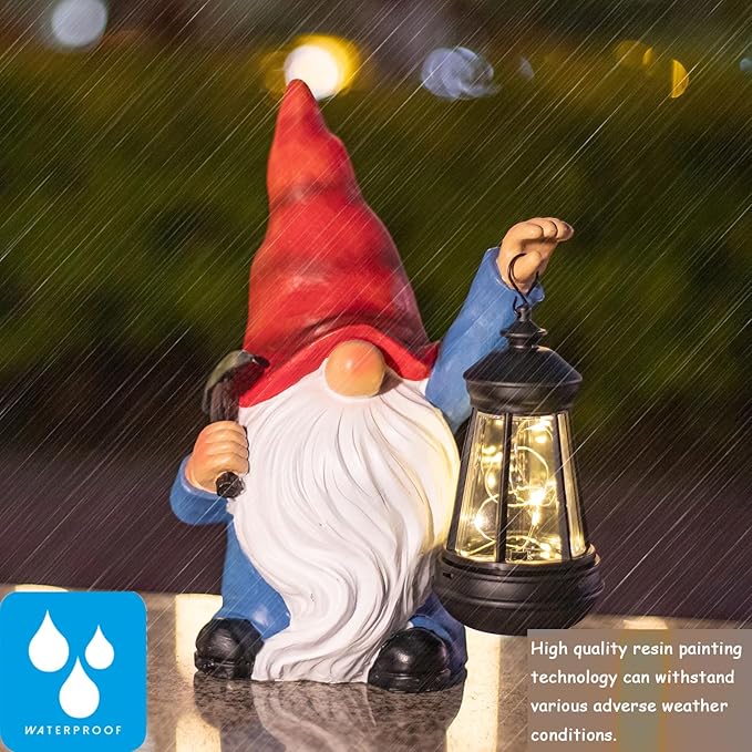Garden Gnome Statue Solar Light Outdoor Decorations Figurine with Lantern Led Shovel Sculpture Lawn Patio Yard Porch Outside Christmas Housewarming Gifts for Women Mother's Day Grandma