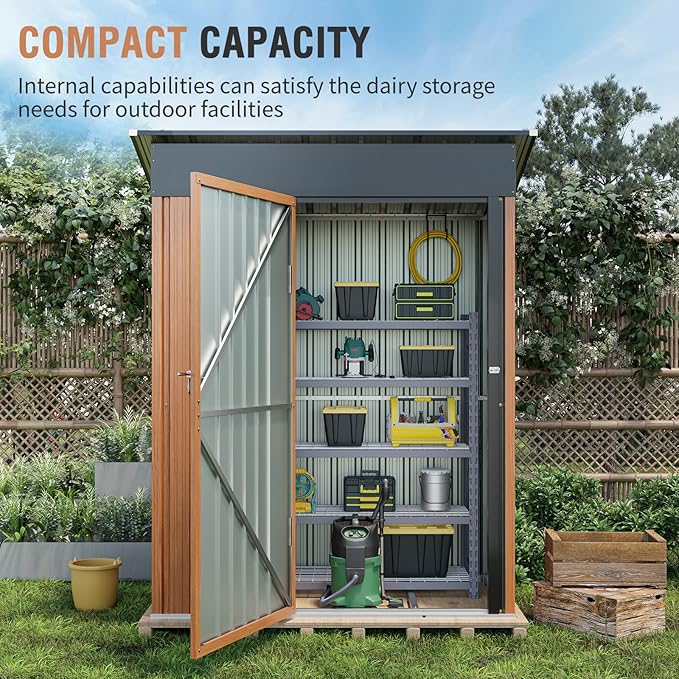 5x3 Ft Storage Shed, Outdoor Metal Shed with Floor Base& Lock, Small Lean to Shed, Compact Vertical Outside Bike Tiny House for Garden, Backyard, Patio, Tool
