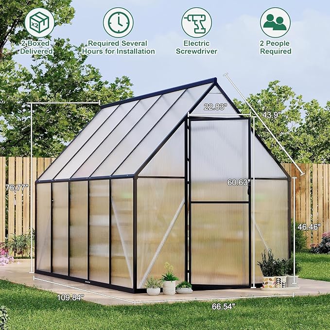 Greenhouse 6x9 FT Aluminum-Framed Heavy Duty Polycarbonate with Quick Setup Structure and Roof Vent Large Enhanced Outdoors Green House Kit