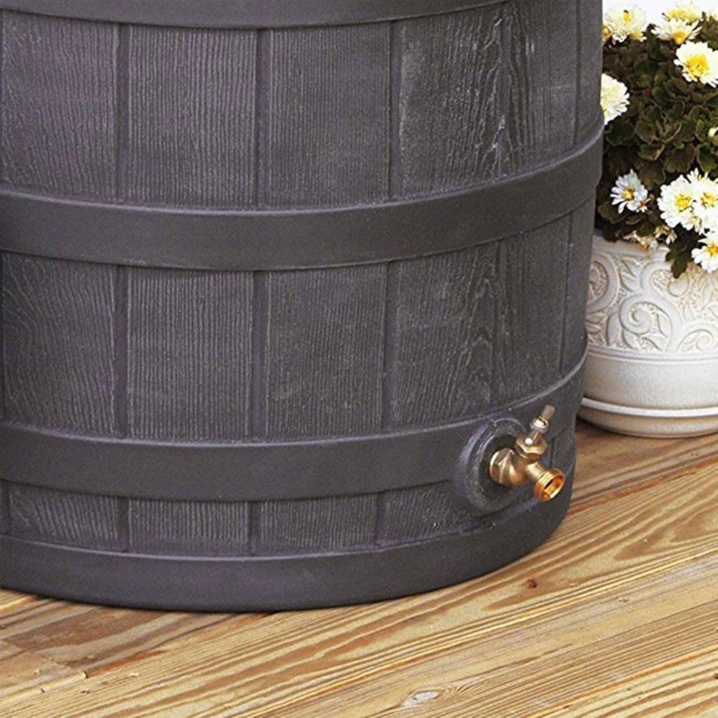 Good Ideas 50 Gallon Large Faux Wood Plastic Rain Water Barrel Collector with Brass Spigot for Rainwater Collection and Storage, Oak, 2 Pack