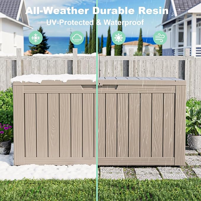 75 Gallon Resin Deck Box, Lockable Patio Outdoor Storage Box for Furniture, Garden Tools and Tools Storage, Waterproof Outside Storage Boxes - Grey