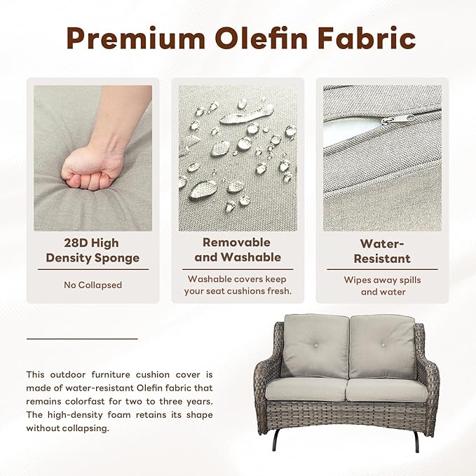 4 Piece Patio Furniture Set with Fire Pit Table - 41inch 50000 BTU Propane Fire Pit Table with High Back Loveseat Glider Chair and 2 Swivel Rocker Chair for Casual Gathering