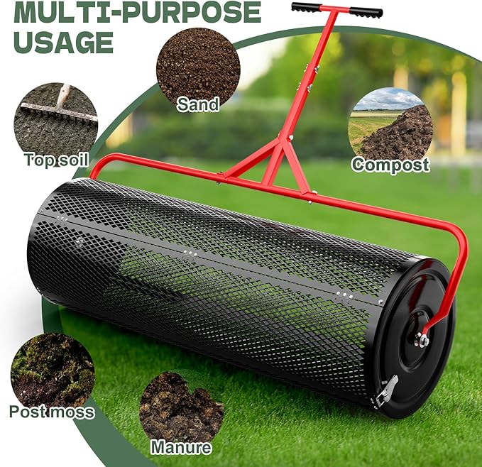 Compost Peat Moss Spreader for Lawn, 44 Inch Compost Roller Spreader with Adjustable T-Shaped Handle, Upgraded Side Clasps, Durable Lightweight Metal Roller, Lawn Garden Yard Care