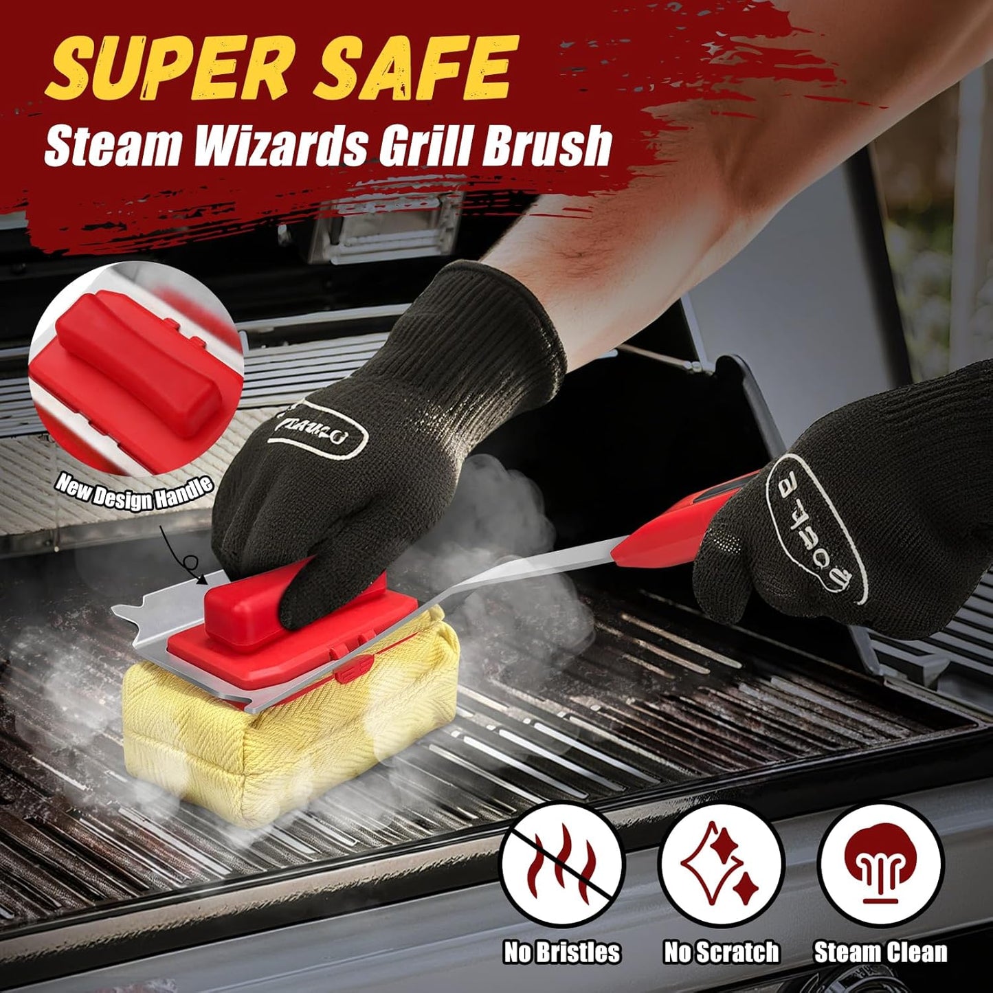 Grill Brush Bristle Free - Cleaning with Steam Technology, Replaceable Brush Heads & Scraper Tool for Stainless-Steel Grates Grill Brush with Stainless Steel Spatula and Two Cleaning Brush Heads