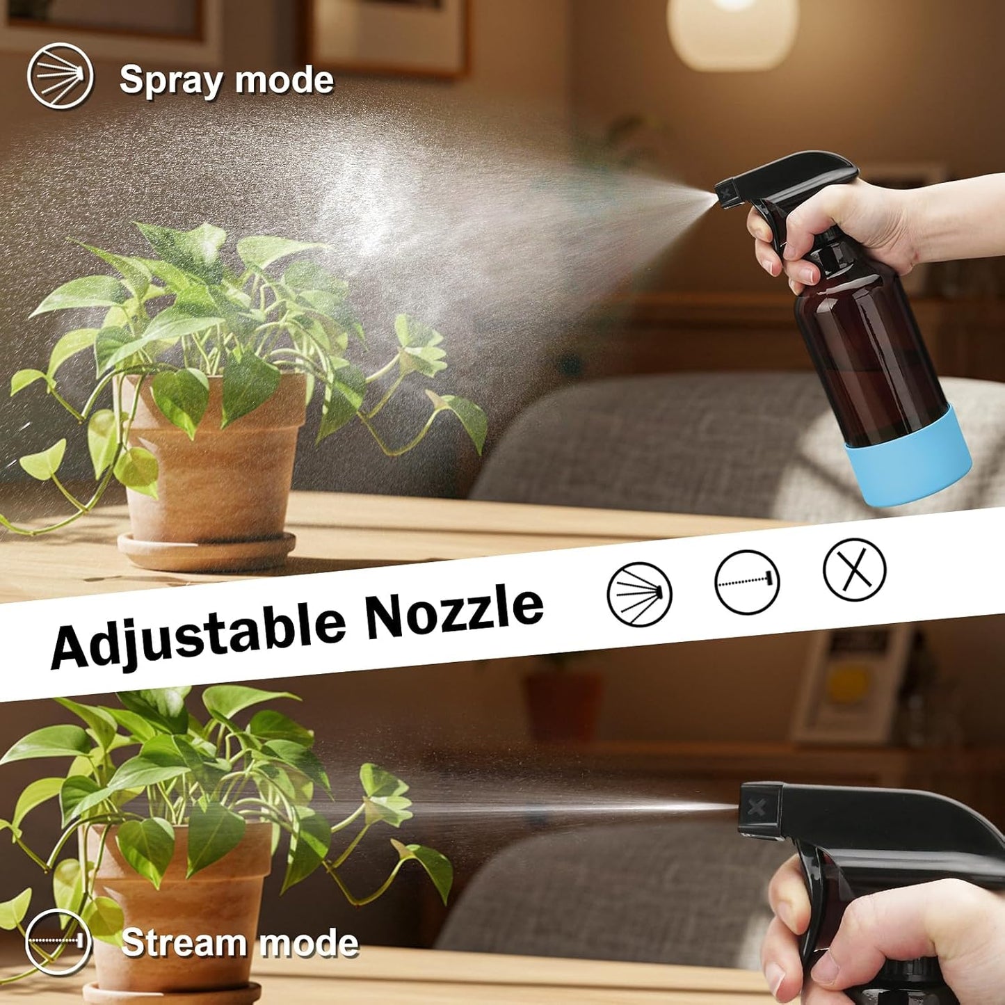 Glass Spray Bottles with Silicone Sleeve 16.9oz 2 Pack Empty Spray Bottle for Hair Mist/Stream Spraying for Cleaning Solutions, Plants, Essential Oils (Brown-sblue&black)