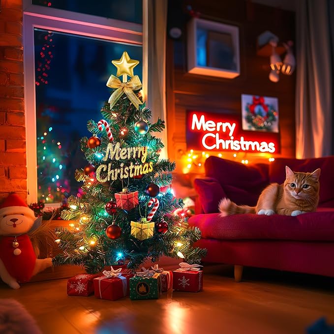 Christmas Tree Lights Outdoor Decorations: 2 Pack 72LED Artificial Small Christmas Tree, 8 Colorful Modes Solar Christmas Lights, Prelit Christmas Tree Lights with 34PCS Xmas Ornaments 6 Lighted Star