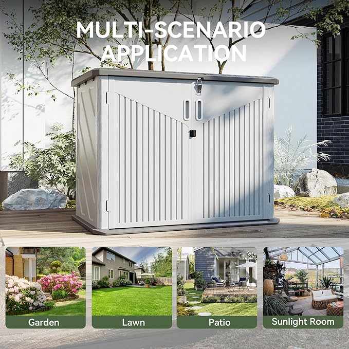 Aoxun 35 Cu.Ft Outdoor Storage Shed, Waterproof Horizontal Resin Cabinet for Trash Cans, Lawn Mowers, Generators, and Garden Tools, White