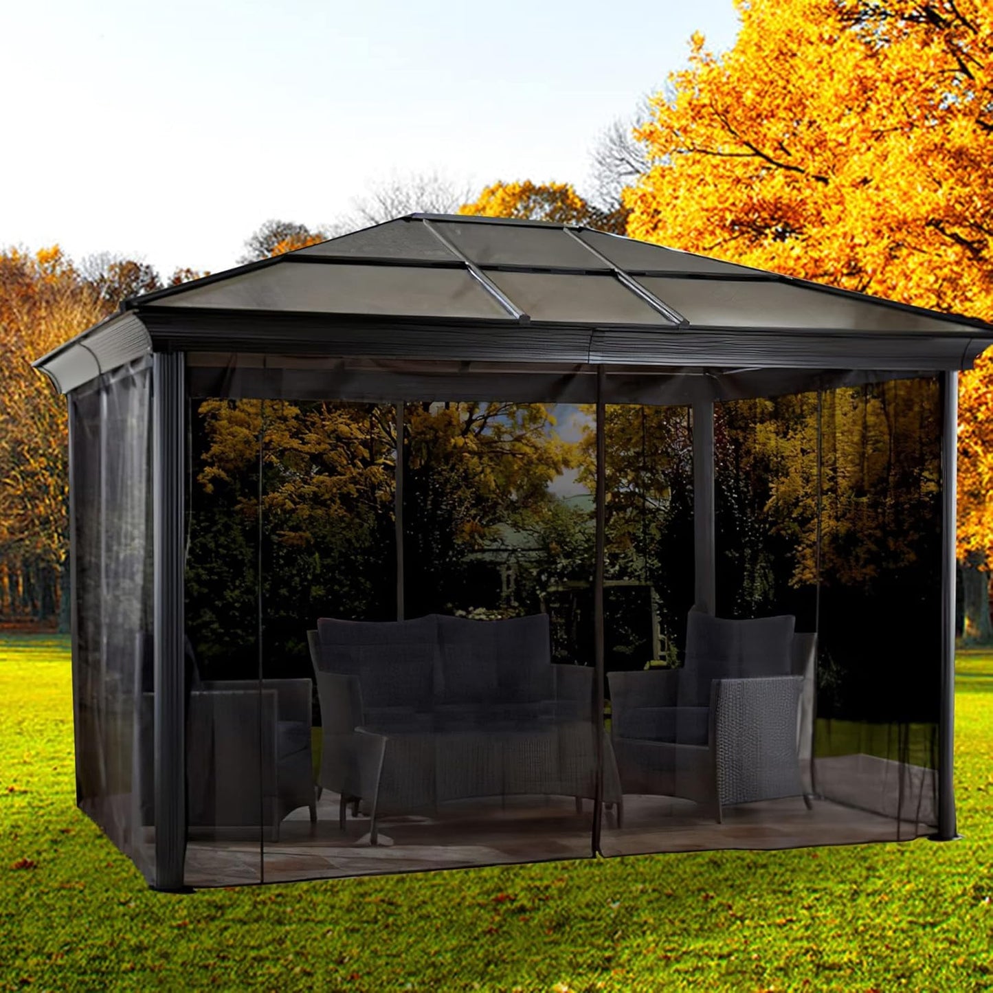 Gazebo Mosquito Netting Replacement 10' x 12' x 7'1'', Universal 4-Panel Screen Sidewall with Zipper, Black (Mosquito Net Only)