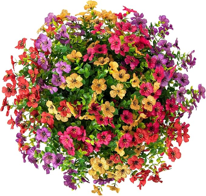 Artificial Faux Hanging Plants Flowers Basket for Summer Outdoor Outside Decoration, Fake Silk UV Sun Resistant Look Real Colorful Daisy Eucalyptus for Porch Home Patio Balcony Yard