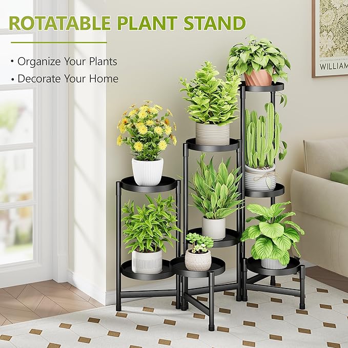 8 Tier Metal Plant Stand Indoor, Rotatable Corner Plant Shelf Outdoor, Tiered Flower Pot Display Stand, Multiple Plants Holder for Patio Living Room Balcony Garden Home Decor - Black
