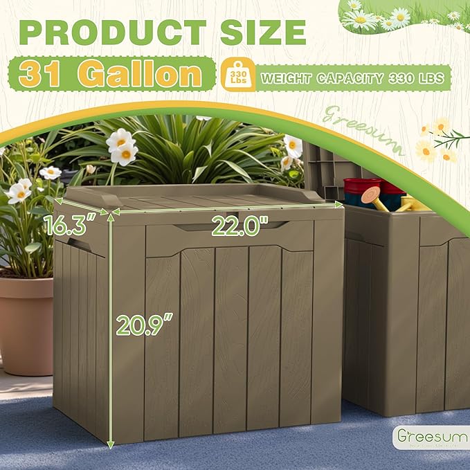 Greesum 31 Gallon Deck Box for Outside, All Weather Outdoor Storage Boxes for Patio Furniture Set, Package Delivery Box, Garden Tools, Light Coffee(Set of 2)