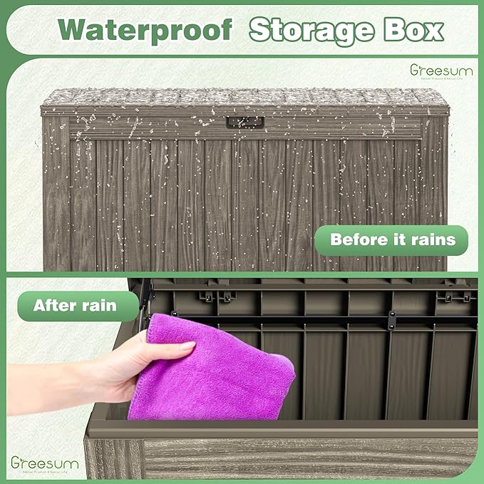 Greesum 120 Gallon Outdoor Storage Box with Lock - Large Resin Deck Box, Reinforced Lid for Garden, Patio, Lawn, Coffee