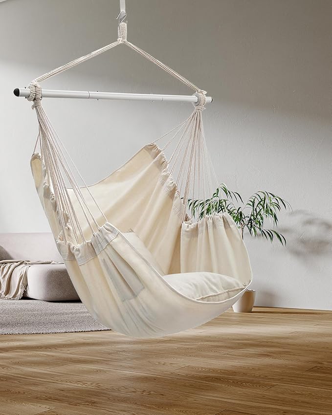 ADVOKAIR Hammock Chair Swing (500 lbs Max-2 Cushions) - Hanging Hammock Chair Rope Swing Indoor for Bedroom, Outdoor, Patio, Bedroom, Porch, Deck - Sturdy Steel Bar with Anti-Slip Safety Rings