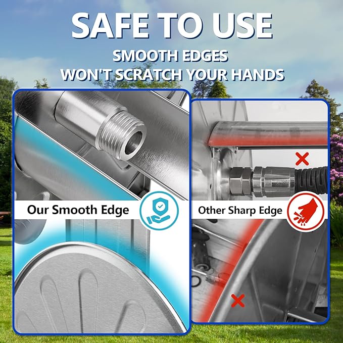 GREENER Stainless Steel Hose Reel for Outside,Wall Mount Garden Hose Holder Heavy Duty Metal Reel, 3/4" Solid Connector with 5/8" Inlet Hose and Crank,65-Feet 5/8" Hose Capacity