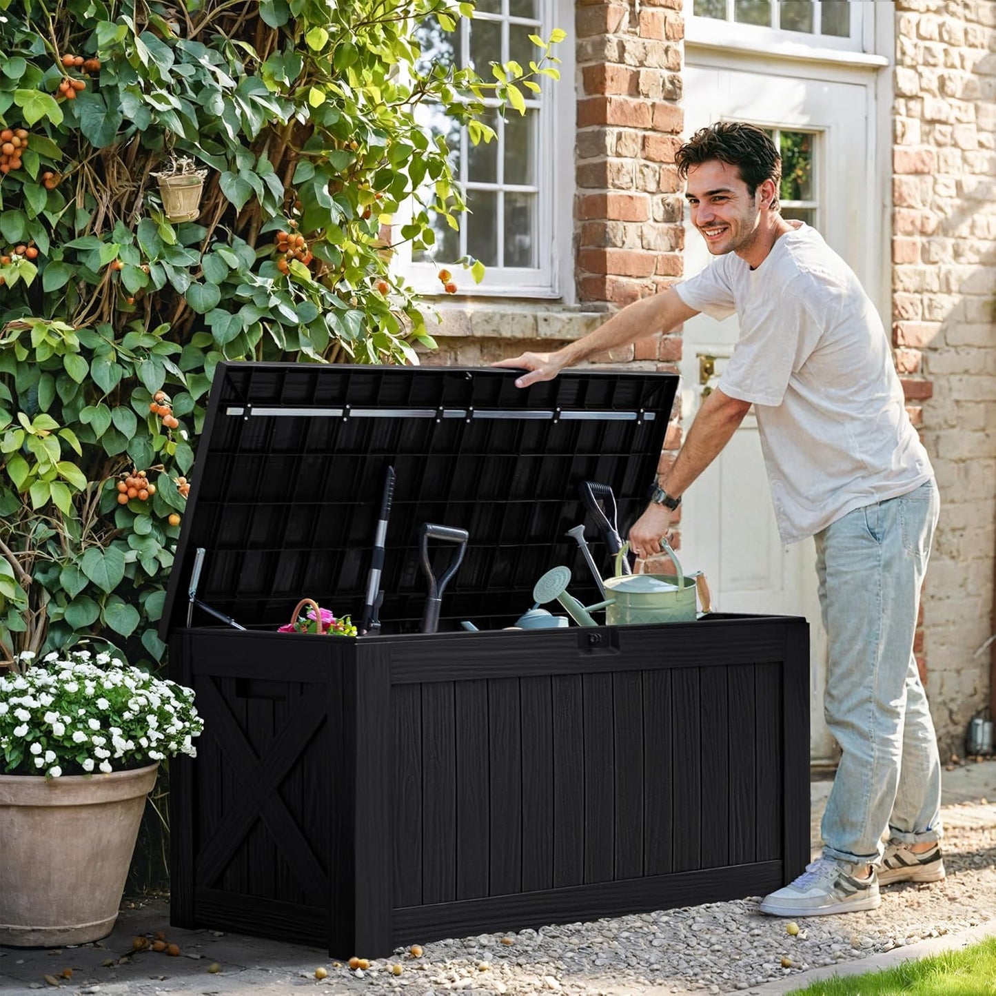 Greesum 120 Gallon Deck Box, Resin Outdoor Storage Container for Patio Furniture, Garden Tools, Pool Accessories, Weatherproof, Lockable, Black