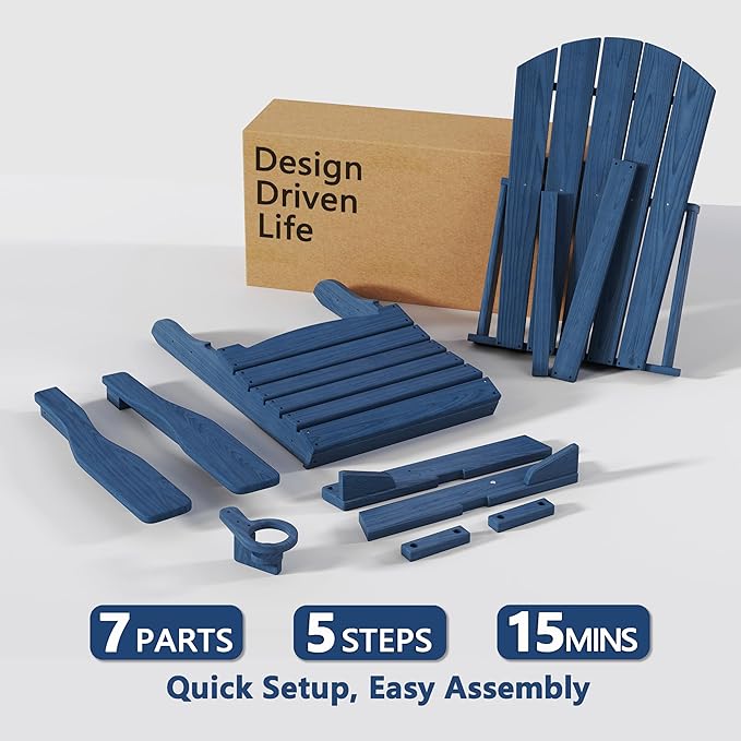 Folding Adirondack Chair Set of 3 with Cup Holder, HDPE All Weather Resistant Plastic Outdoor Patio Chairs, Heavy Duty Fire Pit Seating for Backyard Lawn Garden, Wooden Textured Design(Navy Blue)