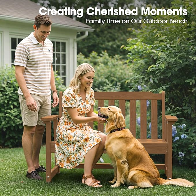 Ciokea 46" Heavy Duty Outdoor Bench, HDPE Weatherproof Garden Benches, Durable 2-Person Benches with 660 Lbs, Waterproof Patio Porch Bench for Outside Balcony Deck Backyard, Teak