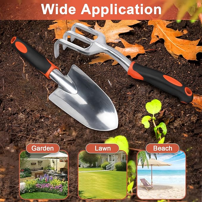 Garden Tool Set, 2 Pack Heavy Duty Gardening Tools Set Include Garden Shovel and Hand Rake Claw Tool with Ergonomic Handle, Small Gardening Hand Tools for Digging Weeding Planting Transplanting