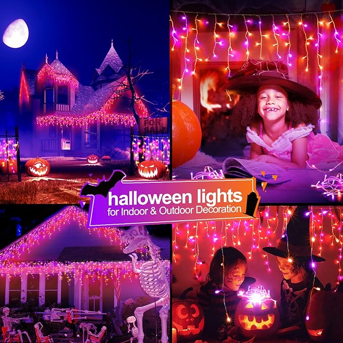 480 LED 49FT Halloween Lights Plug in 8 Modes with Timer Dimmable Halloween Decorations Outdoor Waterproof Indoor Curtain String Lights for Roof Porch Garden Holiday Wedding Party Decor Orange+Purple