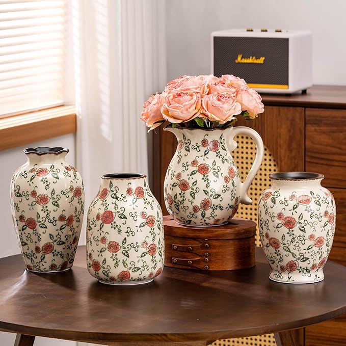 Green&Beige Vintage Octagonal Vase, Red Rose Chinoiserie Floral Vase, Farmhouse Antique Decorative Ceramic Flower Vases for Bouquet, Home Decor, Living Room, Bookshelf, Office, Tuscan Decor 9.1 Inch