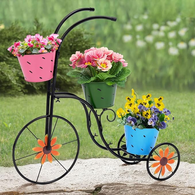 BAYN Bicycle Planter Stand, Metal Flower Pot Cart Holder with 3 Plant Bucket Outdoor Decorative for Patio, Deck, Garden or Lawn