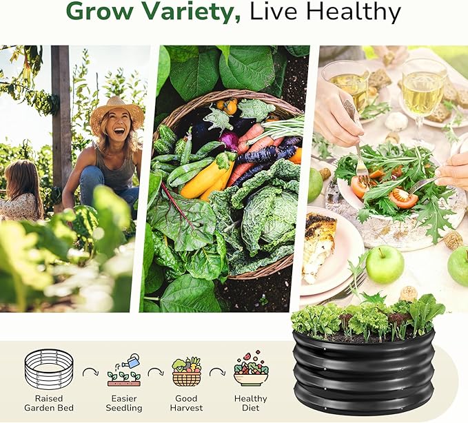 GreatBuddy 2x2x1 ft Round Galvanized Raised Bed, Easy-Assembly Raised Garden Bed with Anti-Cut Gloves & Tools, Rust-Proof Garden Bed for Outdoor, Vegetables, Herbs, Small Trees, Black