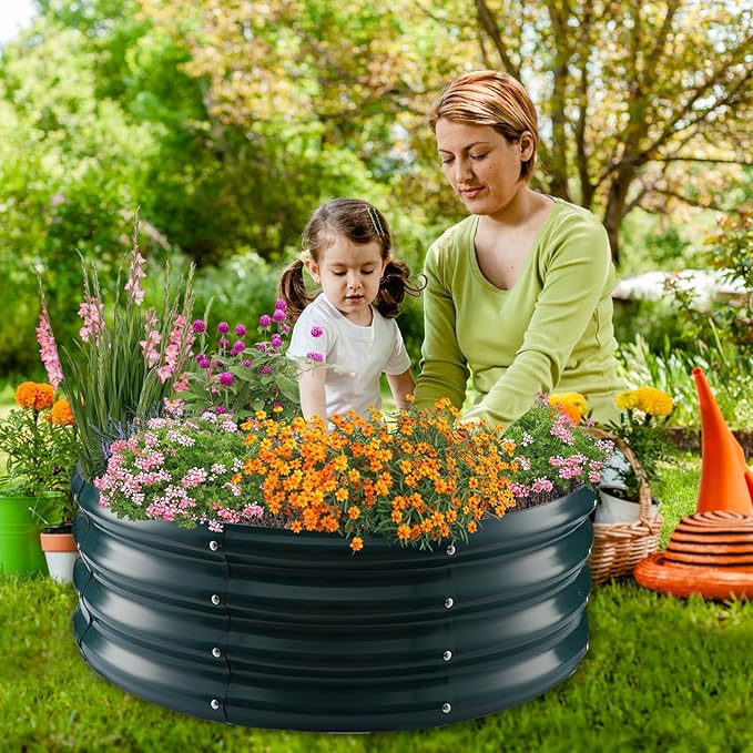 Galvanized Raised Garden Beds for Gardening - 2.7x2.7x1ft Round Metal Planter Boxes Above Ground Outdoor for Vegetables,Flowers,Herbs, Garden Container Green