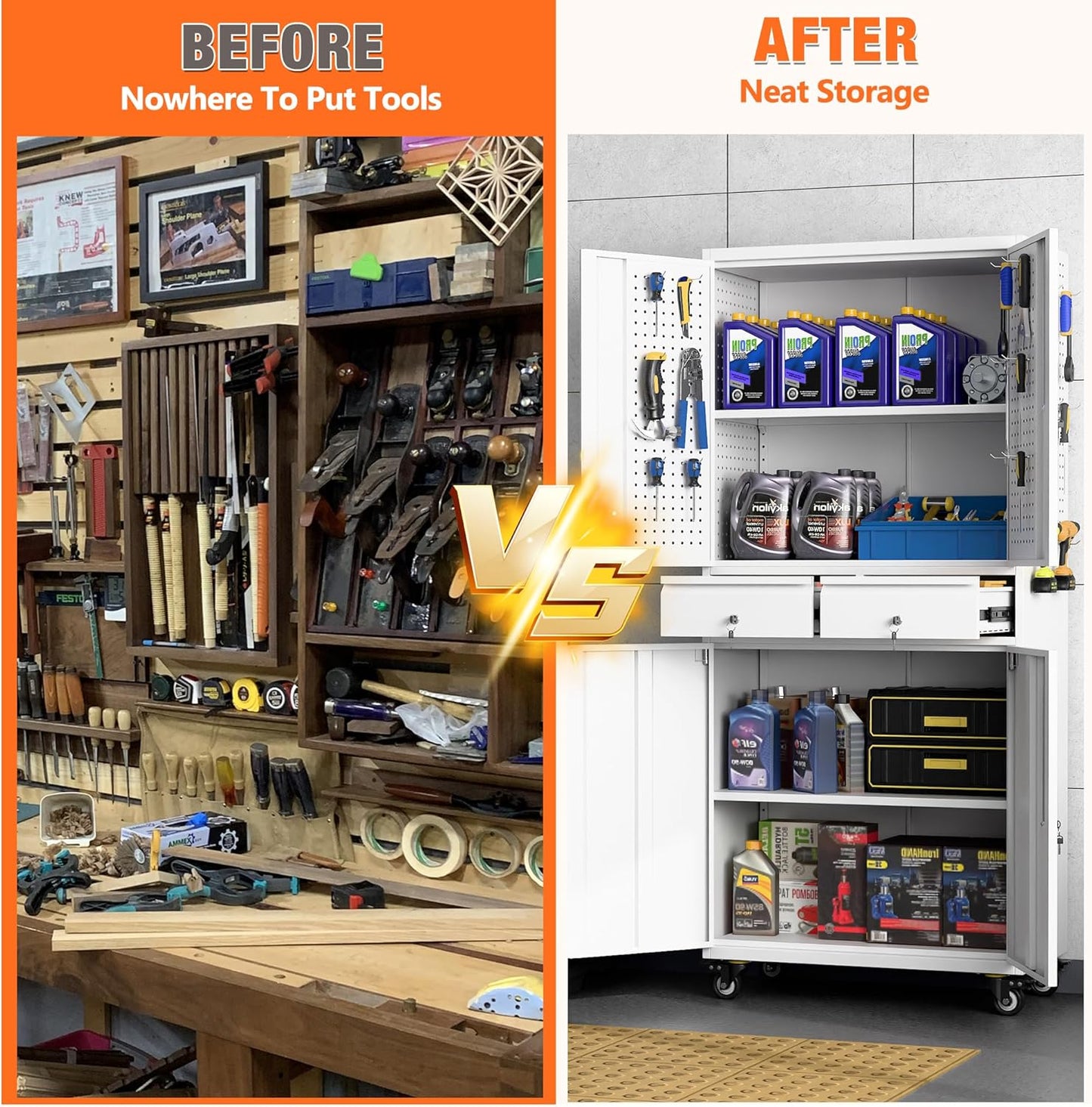 Aobabo Metal Storage Cabinet with 2 Locking Drawer and Pegboard, Steel Rolling Tool Cabinet with 8 Hooks and 2 Adjustable Shelves for Garage, Home, Office, Kitchen Assembly Required, White