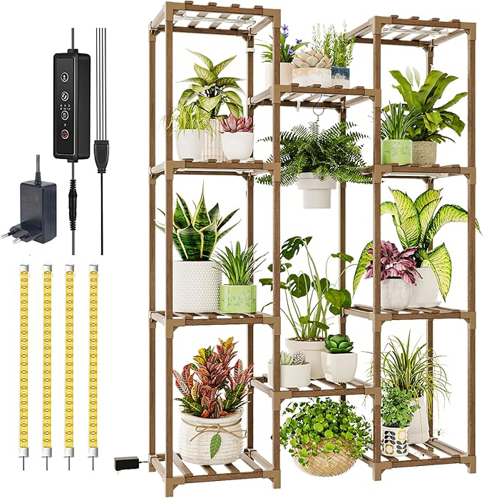 Bamworld Plant Shelf with Grow Light Plant Stand for Mutiple Pots Large Plant Holder for Living Room Patio Boho Home Decor for Gardening Warm Light