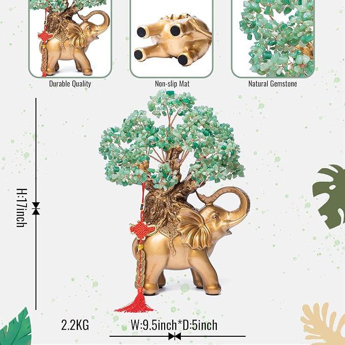 Green Aventurine Crystal Money Tree on Gold Elephant Statue, 17”Large Gemstone Bonsai Tree of Life Home Décor Gifts for Wealth Positive Energy, Feng Shui Décor