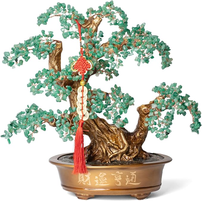 Green Aventurine Gemstone Crystal Bonsai Tree of Life(1,350 Gemstone Count) Large Feng Shui Money Chakra Tree for Luck and Wealth Desk Decoration 20 Inches