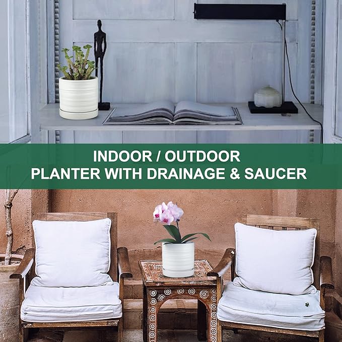 6 Inch Plant Pots, Ceramic Planter Pot with Drainage Hole & Saucer, Indoor/Outdoor Cylinder Round Planter Pot, Matte White