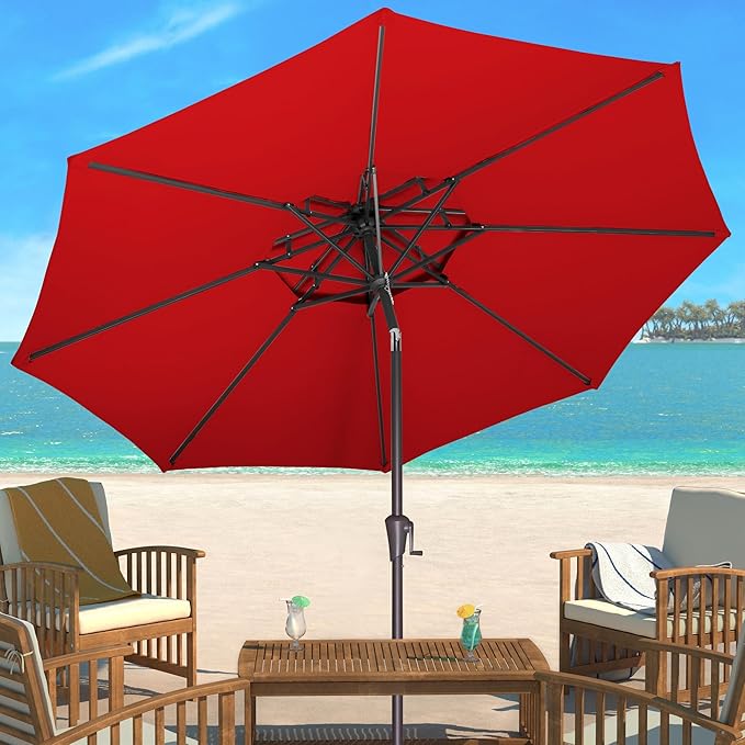9ft Outdoor Patio Umbrella - 2 Tiers Table Umbrella Waterprool UV Protection, Sombrillas de Patio with Push Button Tilt&Crank, Sun Umbrella for Pool, Porch, Garden, Backyard(Red)