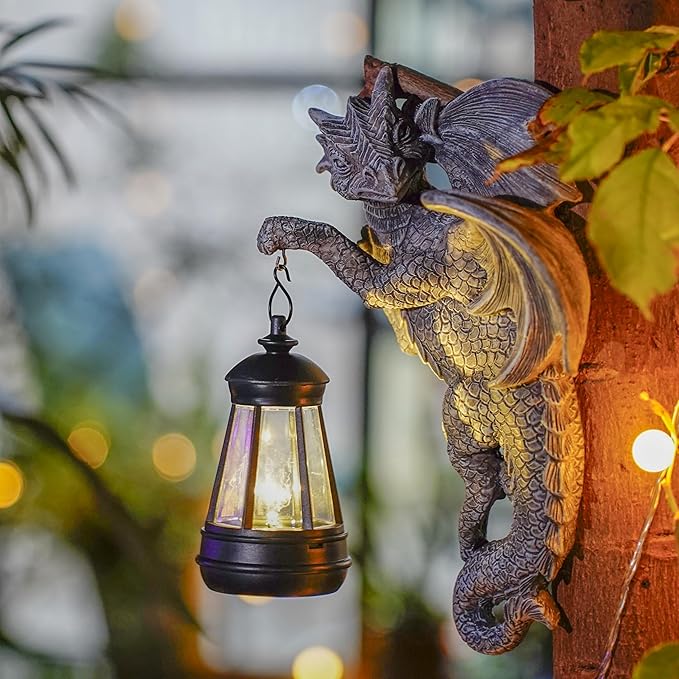Dragon Statue Solar Lantern for Garden Décor, Dragons Figurine Night Light, 10”Outdoor Decorative Lamp, Mountable on Trees/Walls/Fences. Birthday/Housewarming Gifts for Dragon Fans