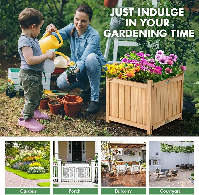COSTWAY Planter Garden Bed, Folding Planter Box with Drainage Holes for Vegetables, Herbs, Fruits & Flowers, Outdoor Indoor Raised Planting Bed for Patio, Backyard, Lawn, 15" L x 15" W x 14" H