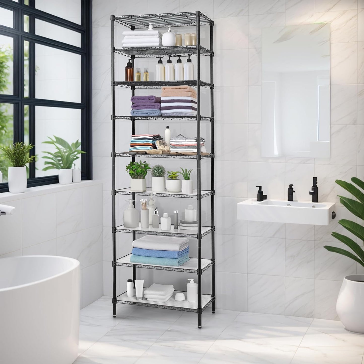 Finnhomy 9-Tier Wire Shelving Unit Adjustable Steel Wire Rack Shelving, 81 Inches Height 9 Shelves Metal Storage Rack, Pantry Shelves for Storage with PE mat, NSF Certified, Black