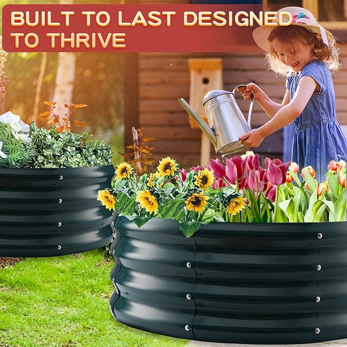 Durable Round Steel Raised Garden Bed Painted for Planting Vegetable/Herbs/Flowers/Trees at Backyard/Garden,or Baby Chicken,Christmas Tree Fence (Dark Green, 32 ins Diameter x 12 ins high)