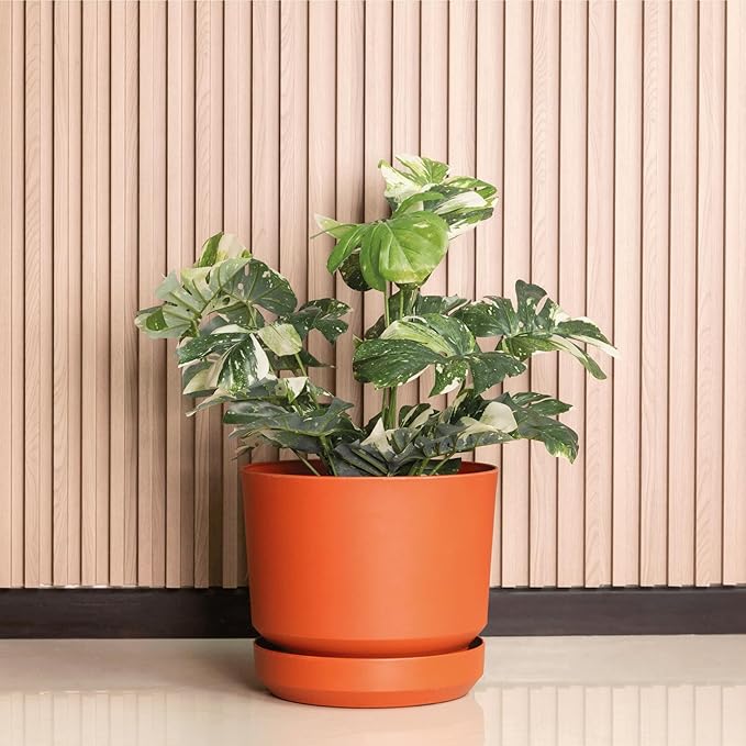Elly Décor 12 inch Plastic Cylinder Planter Pot with Self-Watering Saucer and Drainage Hole,Lightweight & Extremely Durable, 12"x 12", Terracotta