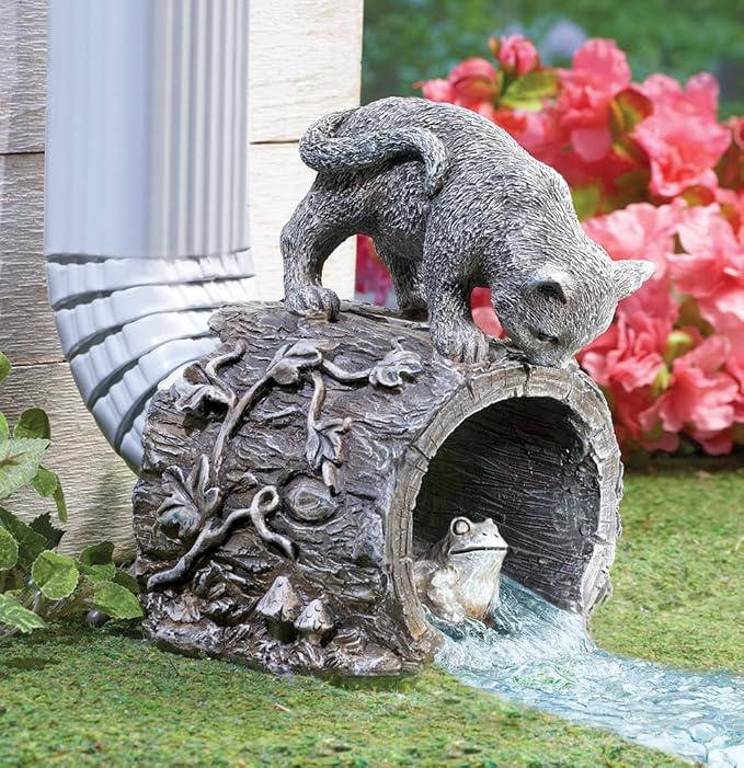 Collections Etc Curious Kitty Cat and Frog Gutter Downspout, Hand-Painted, Hollow Tree Stump Design, Grey