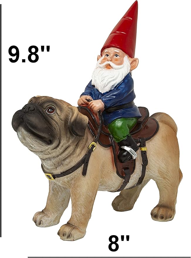 Funny Guy Mugs Garden Gnome Statue - Gnome Riding a Pug - Indoor/Outdoor Garden Gnome Sculpture for Patio, Yard or Lawn