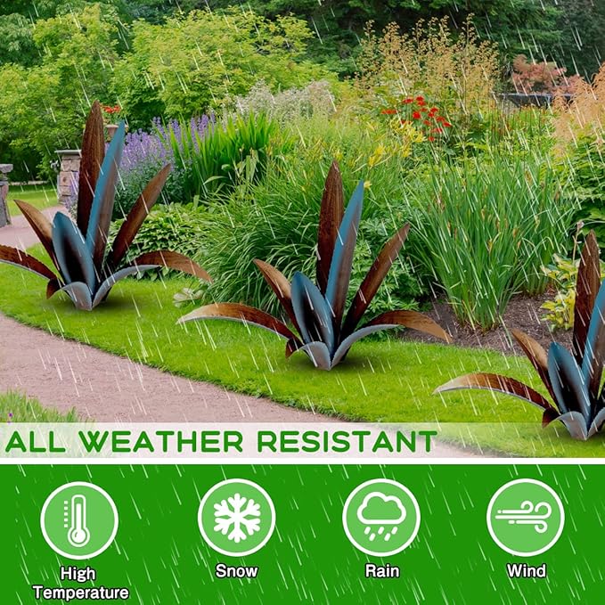 DIY Metal Agave Plant Art Yard Tequila Art Sculpture, Tequila Rustic Garden Sculpture Statue Outdoor Decor,Agave Metal Plants for Yard, Garden Lawn Ornaments (9 Leaves -Blue)