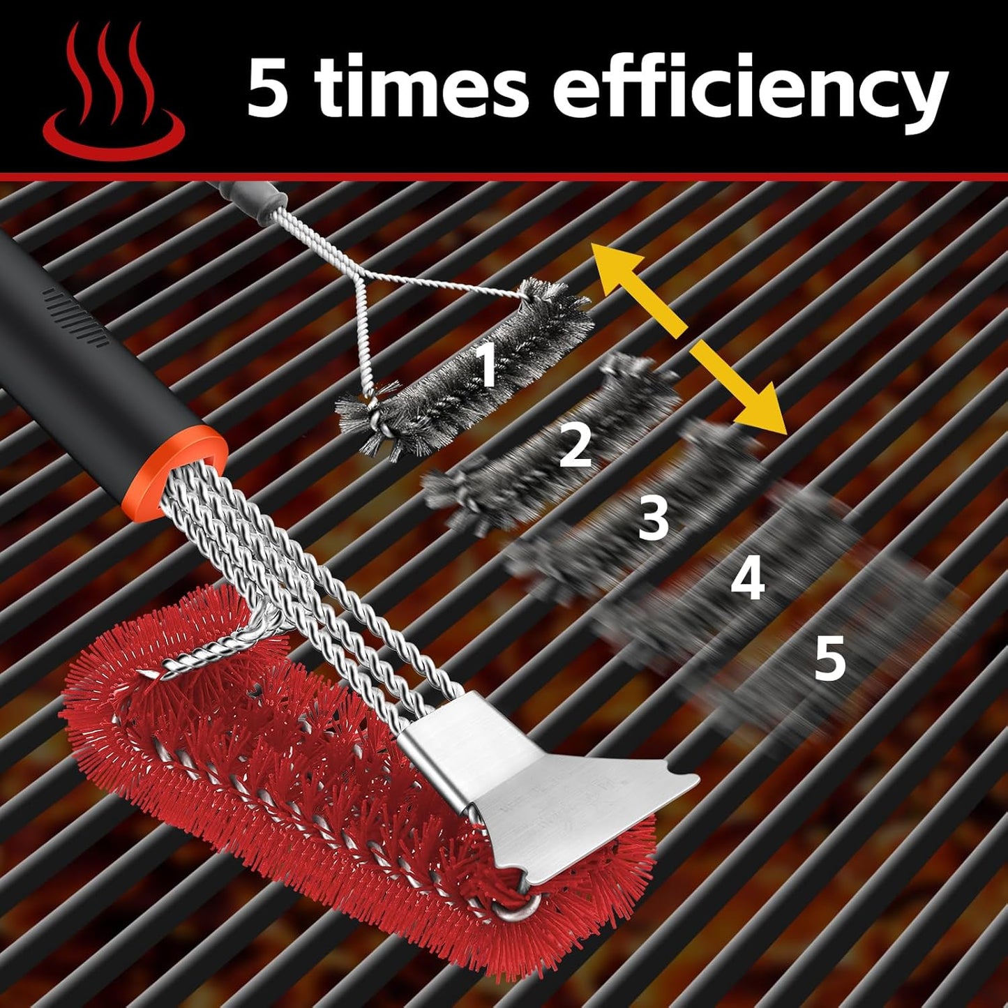 Grill Brush and Scraper, Safe Nylon Bristles Barbecue Triple Scrubbers Cleaning Brush for Cast Iron Grates/Porcelain/Weber Gas/Charcoal Grill,Extra Strong BBQ Cleaner Accessories (Red)