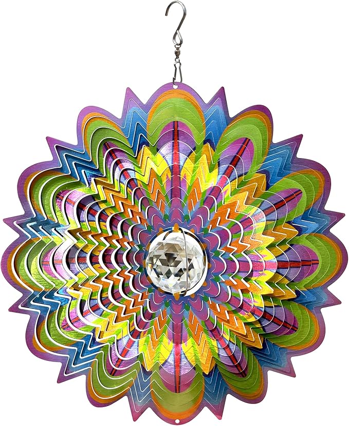 FONMY Mandala Wind Spinner w/Crystal Ball-Bloosom 3D Stainless Steel Suncatcher Hanging Spinners Worth Gift Christmas Decoration Indoor/Outdoor Garden Décor Kinetic Yard Art 12 Inches Wind Sculpture