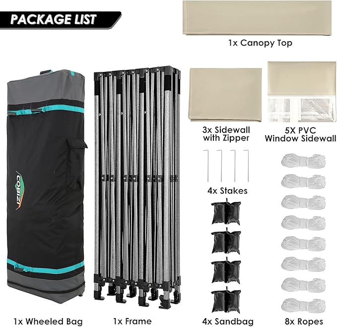 COBIZI 10x30 Heavy Duty Pop up Canopy with 8 sidewalls Stable Wedding Outdoor Tents for Parties Canopy Pop Up Party Tent UPF 50+ Waterproof Commercial Gazebo with Roller Bag, Khaki(Windproof Upgraded)