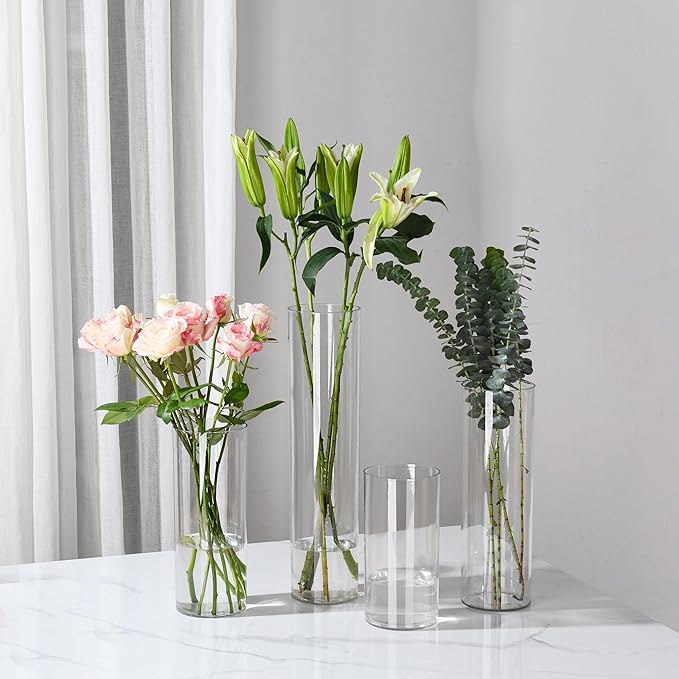 Clear Flower Vase, Non-breakable Vases, 4" W x 10" H, Acrylic Vase, Aesthetic Room Decor Cylindrical Modern Flower Vases for Table Centerpiece, Home Decor, Women Floral Arrangement Gift