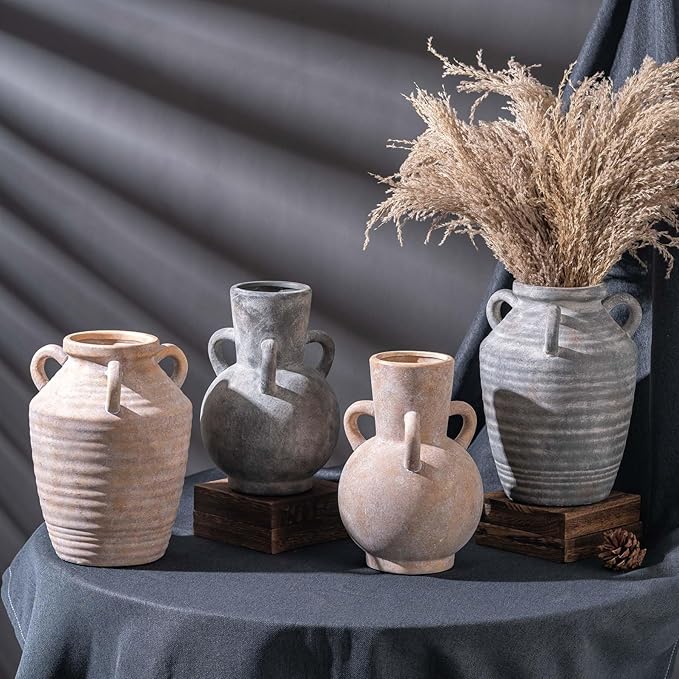 Grey Terracotta Ceramic Vase with Handles, Vintage Rustic Pottery Vases for Table Centerpiece, Cottage Core Home Decor, Large Flower Vases for Bouquet Entryway Mantel Bookshelf Living Room 8.9 Inch