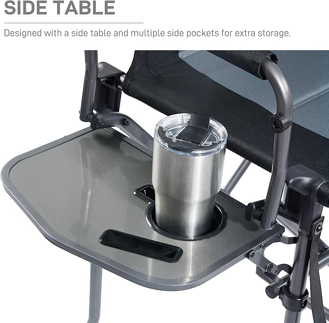 EVER ADVANCED 2 Piece Portable 30.7" Seat Height Tall Folding Camping Chair Directors Chair High with Side Table for Makeup Artist, Sports Event, Craft Show, Supports 350LBS Black Grey