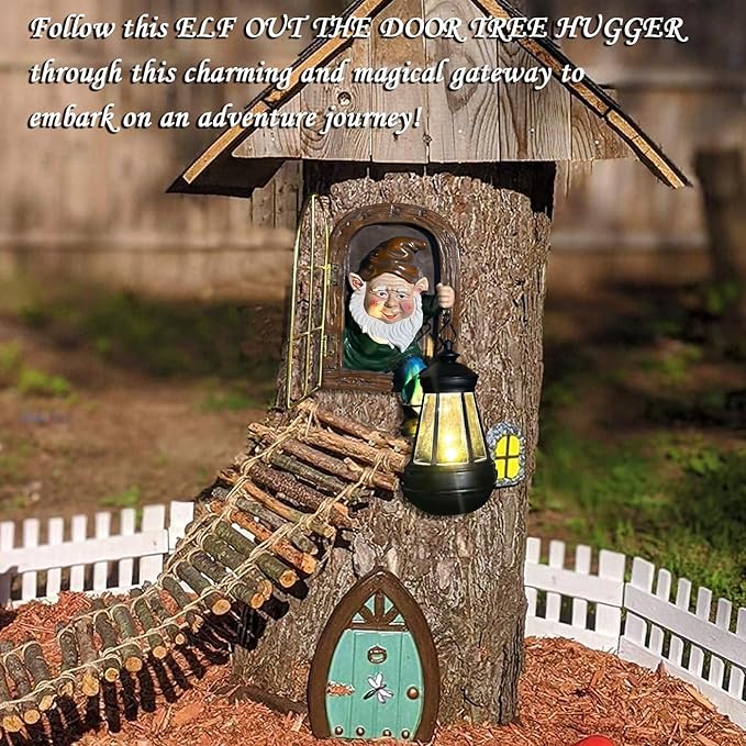 Fairy Garden Statues Gnomes Solar Lantern - Whimsical Elf Out The Door Tree Hugger Figurines Fence Wall Yard Art Home Decor Outdoor Tree Face Sculpture, Ideal Birthday Housewarming Decorations Gifts